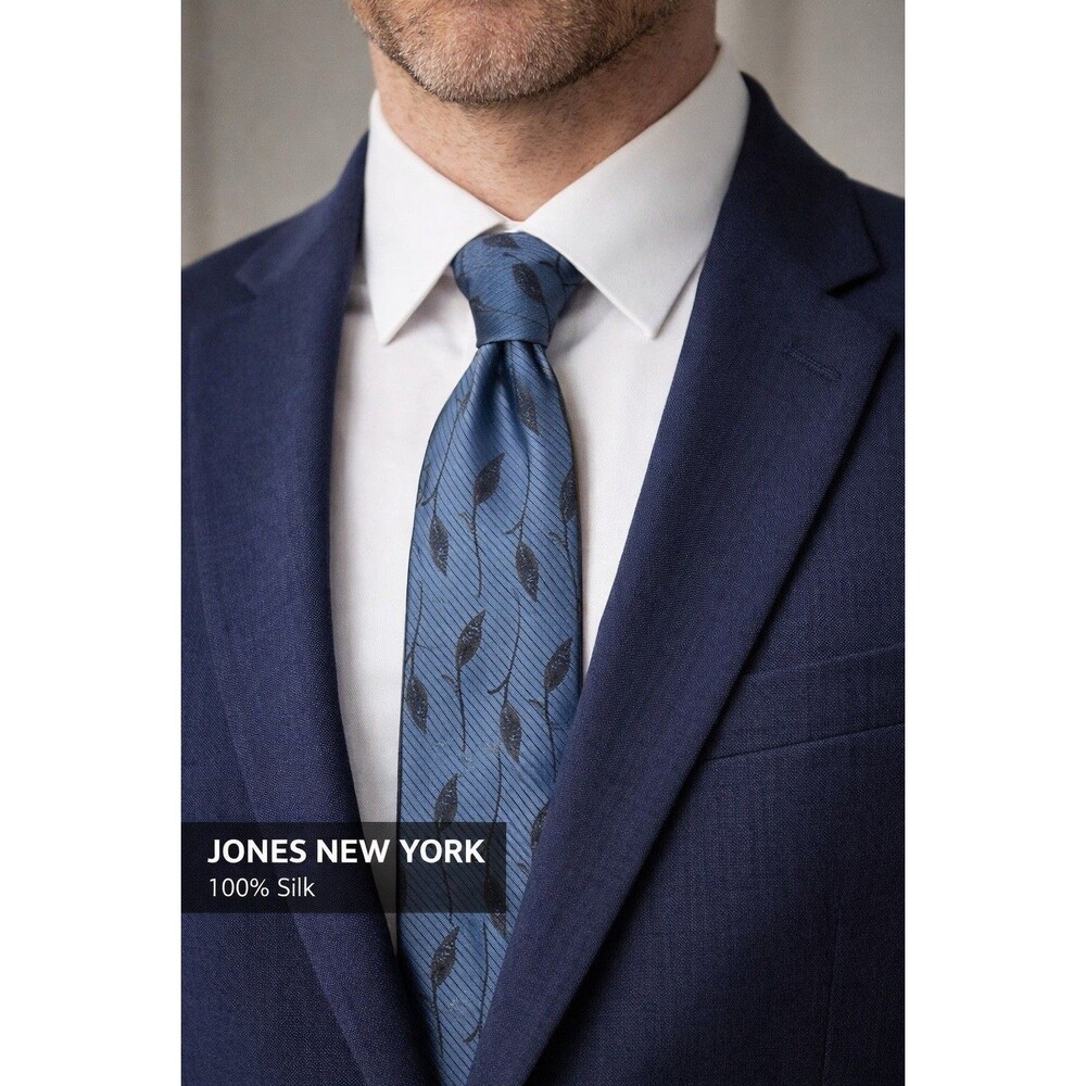 JONES NEW YORK 100% Silk Necktie Blue Leaf Print Diagonal Stripe Classic